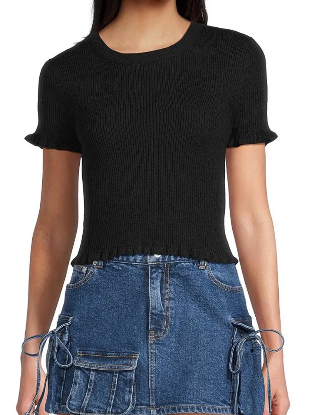 Black Short Sleeve Ruffle Trim Knit Top Ribbed Black Things Between Size M